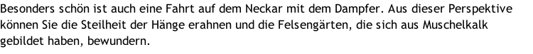 Besonders schön ist auch eine Fahrt auf dem Neckar mit dem Dampfer. Aus dieser Perspektive können Sie die Steilheit der Hänge erahnen und die Felsengärten, die sich aus Muschelkalk gebildet haben, bewundern.